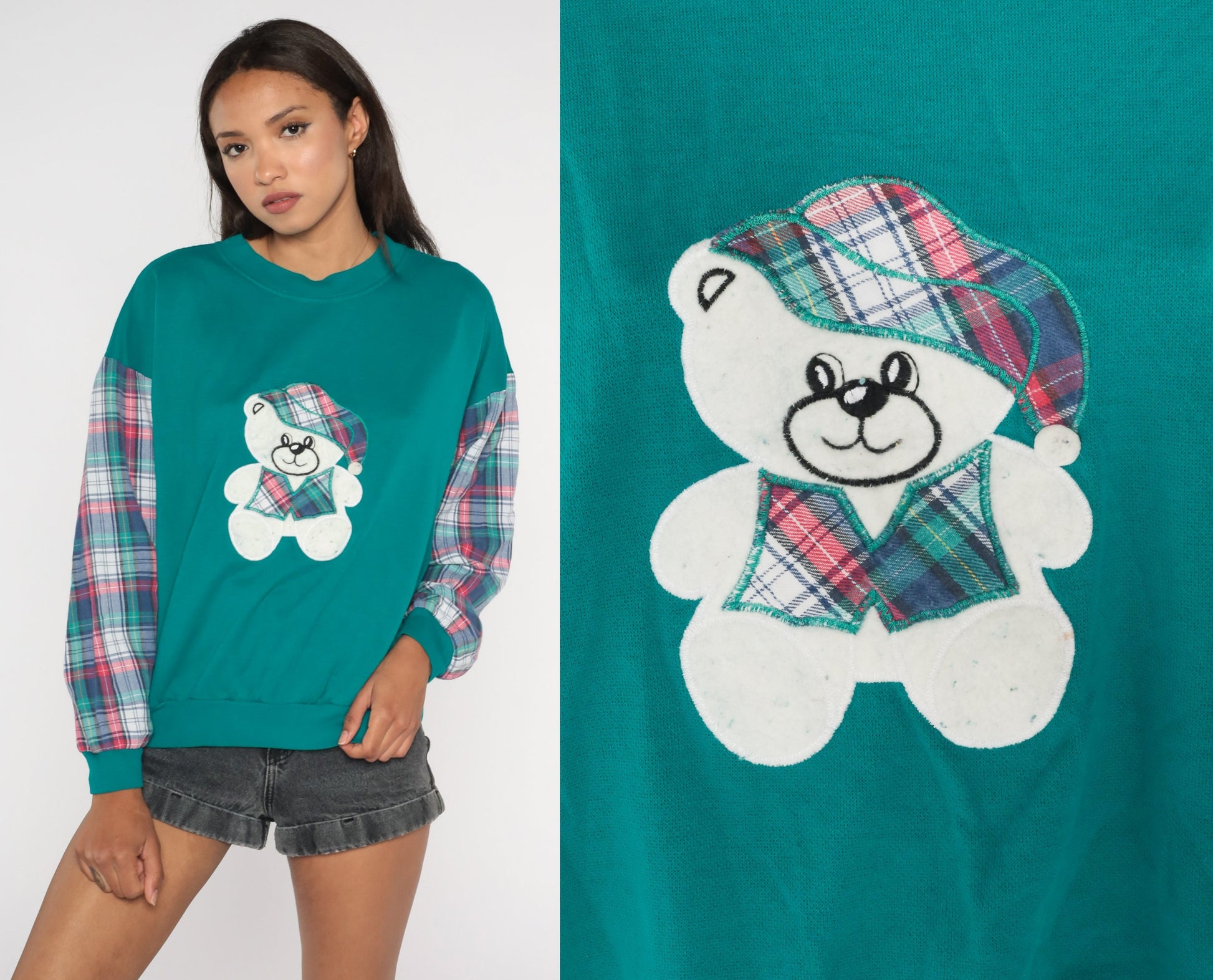 90s Teddy Bear Teal Plaid Sleeve Crewneck Sweatshirt Large L