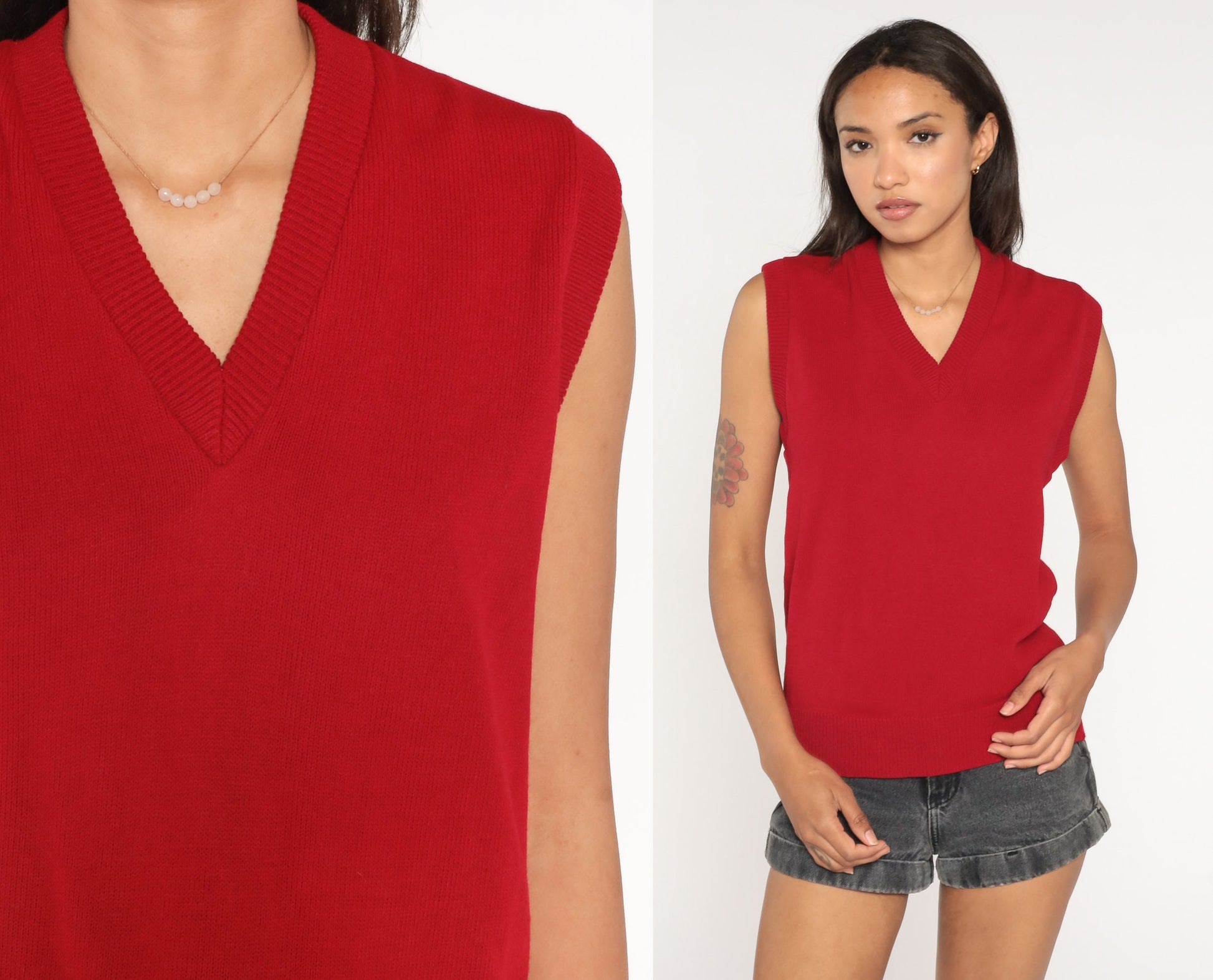 80s Red Acrylic Knit Sweater Vest V-Neck Sleeveless Small