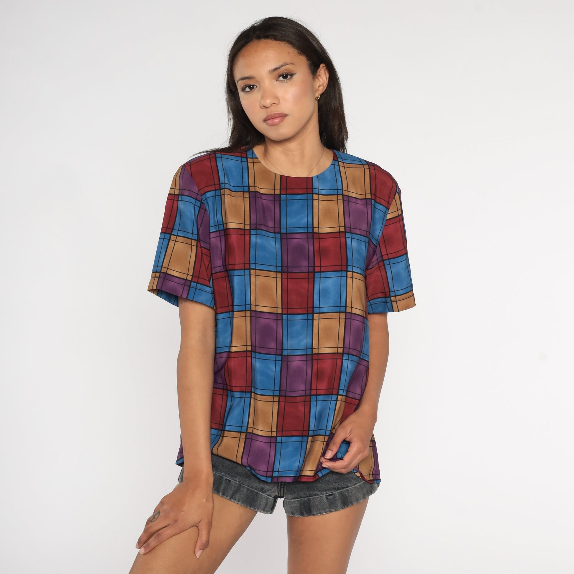 90s Checkerboard Blouse Purple Pink Blue Geometric Short Sleeve Medium M