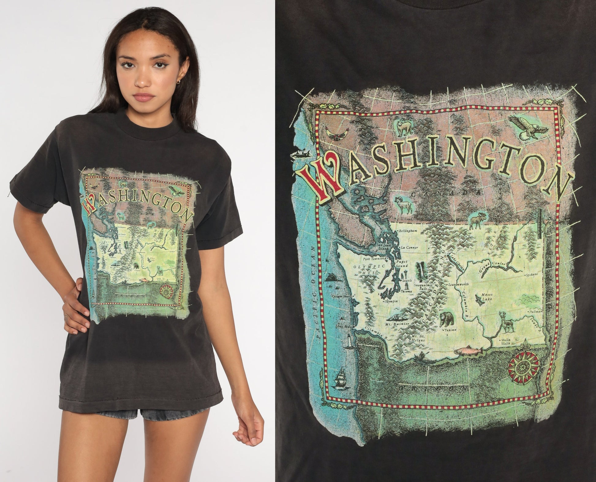 90s Washington State Map T-Shirt Black Faded Graphic Tee Medium