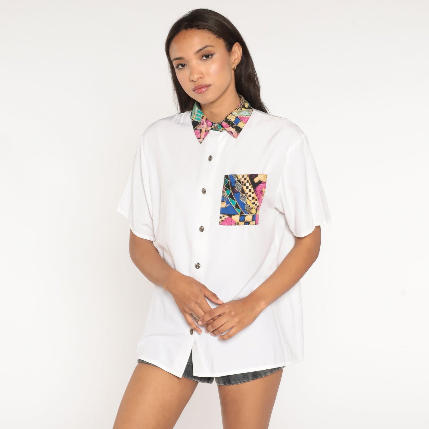 90s White Geometric Button Up Shirt Contrast Collar Short Sleeve Large L