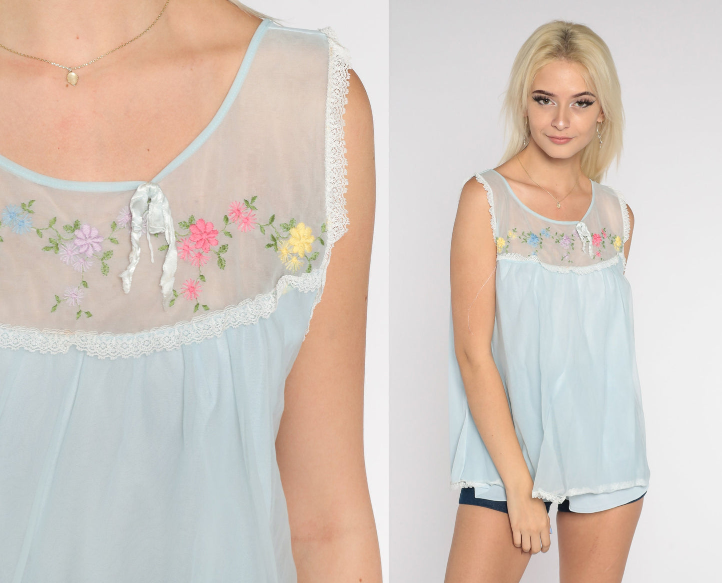 70s Baby Blue Babydoll Lingerie Top Floral Embroidered Lace Bib Medium M