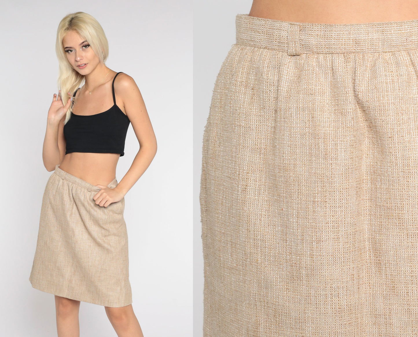 80s Tan Tweed Pencil Skirt High Waist Mini Small S