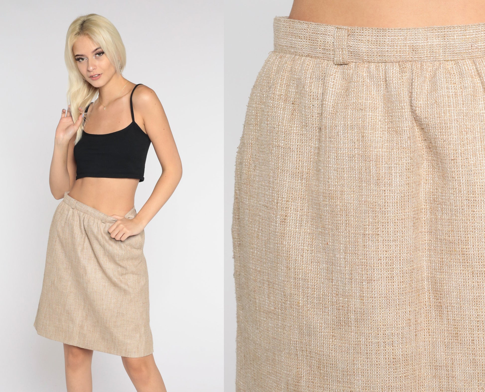 80s Tan Tweed Pencil Skirt High Waist Mini Small S