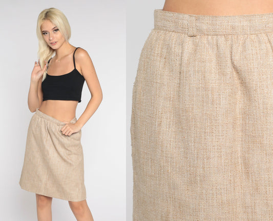 80s Tan Tweed Pencil Skirt High Waist Mini Small S