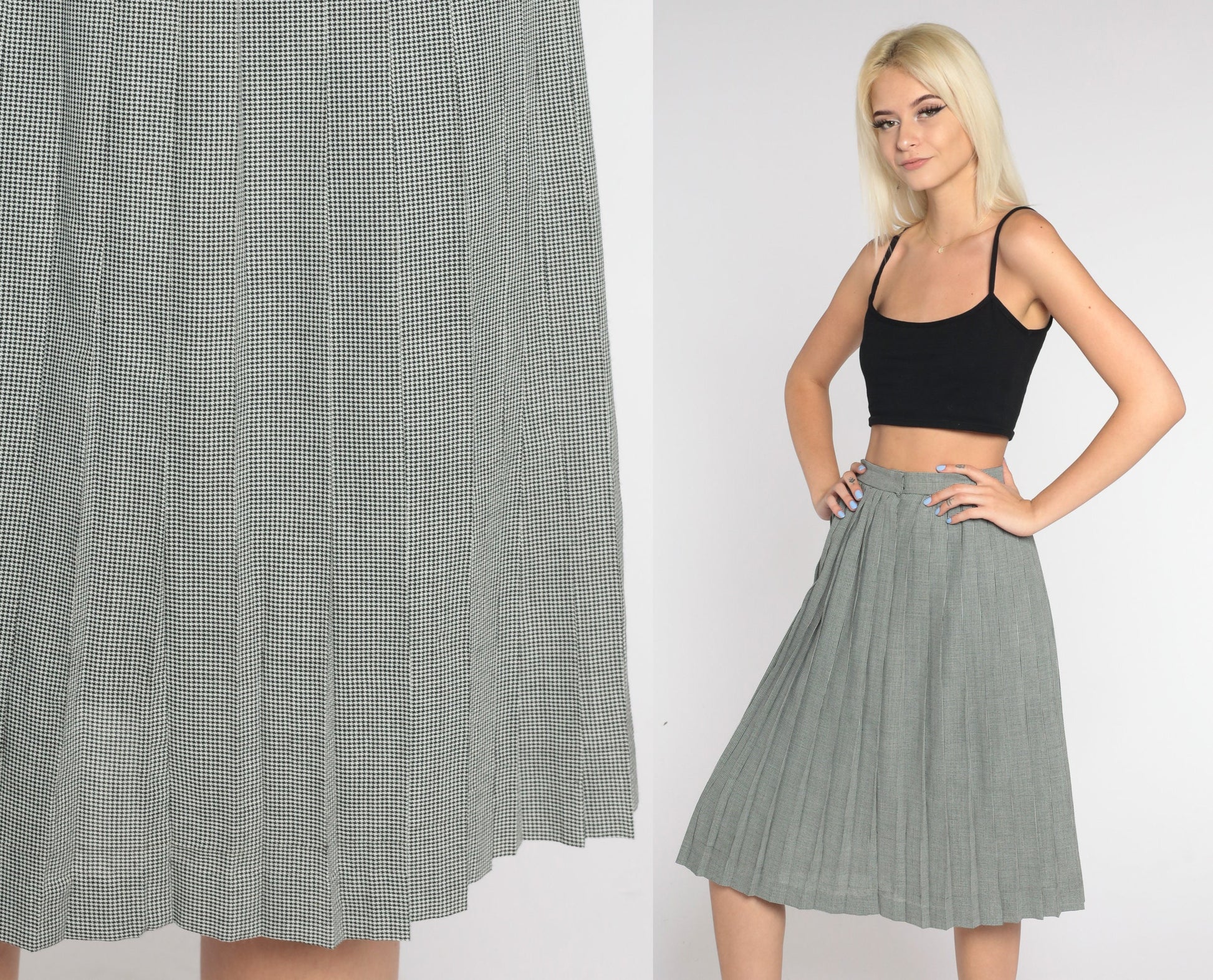 80s Houndstooth Pleated Midi Skirt Black White High Waist Extra Small