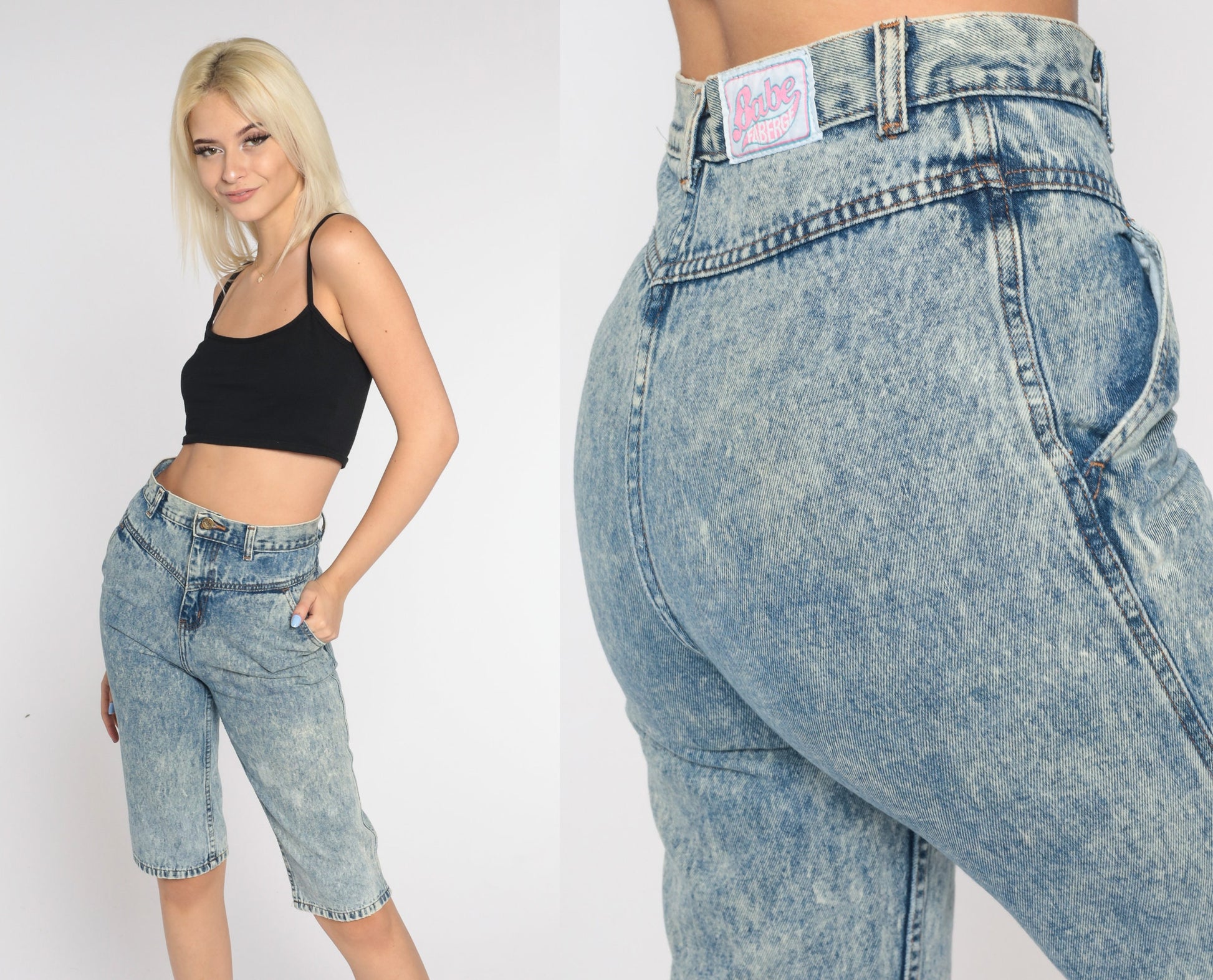 90s Acid Wash Denim Bermuda Shorts High Waist Knee Length Blue Extra Small