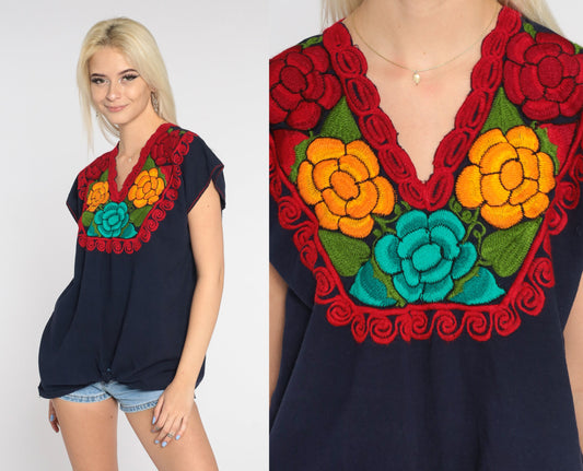 90s Mexican Navy Floral Embroidered Blouse Cap Sleeve Medium M
