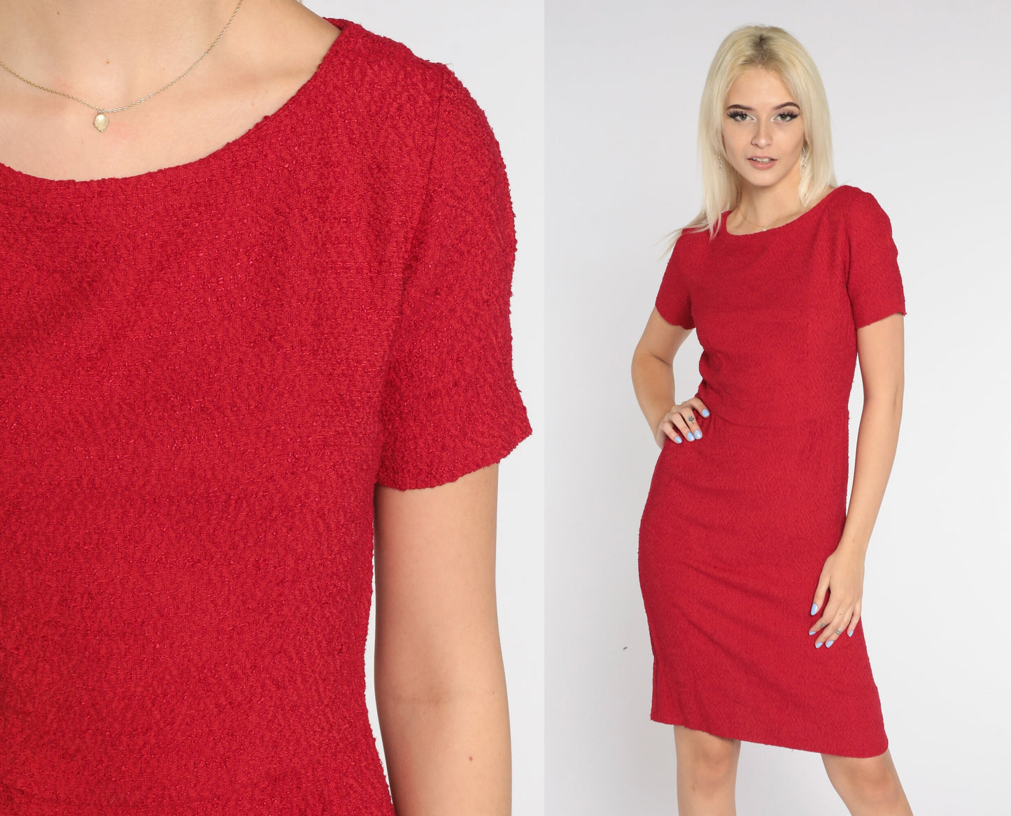 1960s Red Pencil Dress Mini Sheath High Waist Short Sleeve Small