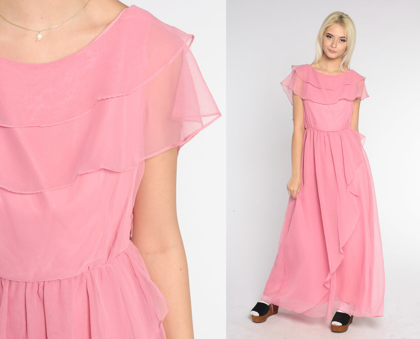 70s Pink Chiffon Maxi Dress Grecian Capelet Flutter Sleeve High Waist Extra Small