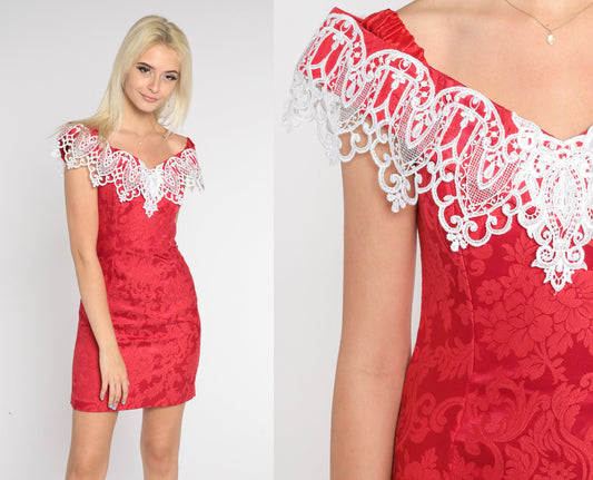 Gunne Sax 80s Red Floral Embossed Mini Dress Off-Shoulder Lace Trim Extra Small