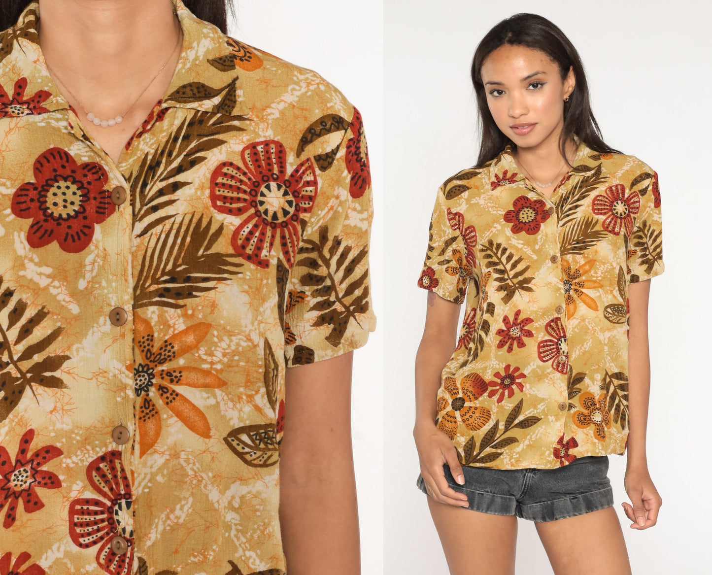 90s Floral Brown Rayon Blouse Short Sleeve Button Up Tropical Print Medium