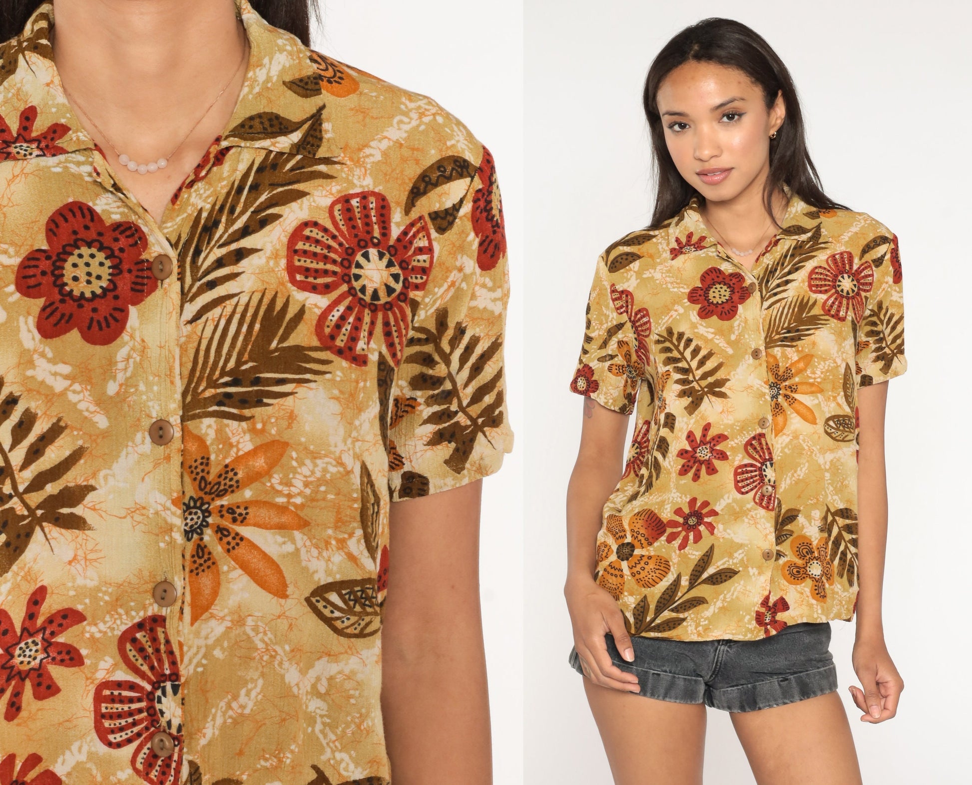 90s Floral Brown Rayon Blouse Short Sleeve Button Up Tropical Print Medium