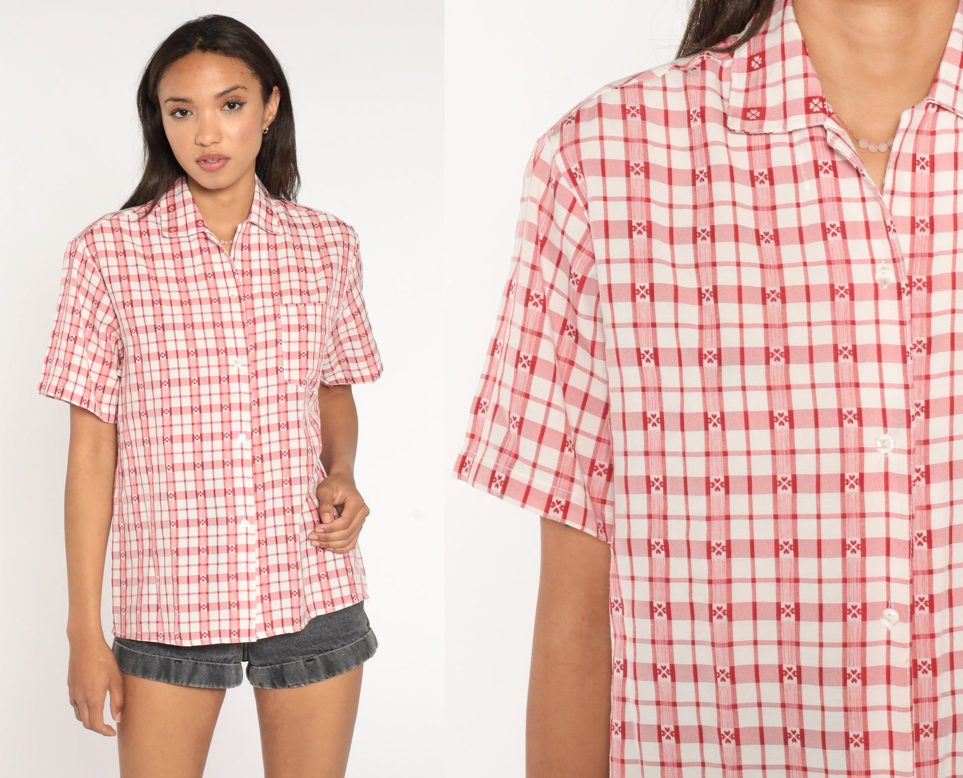 80s Plaid Heart Print Button-Up Shirt Red White Medium Large
