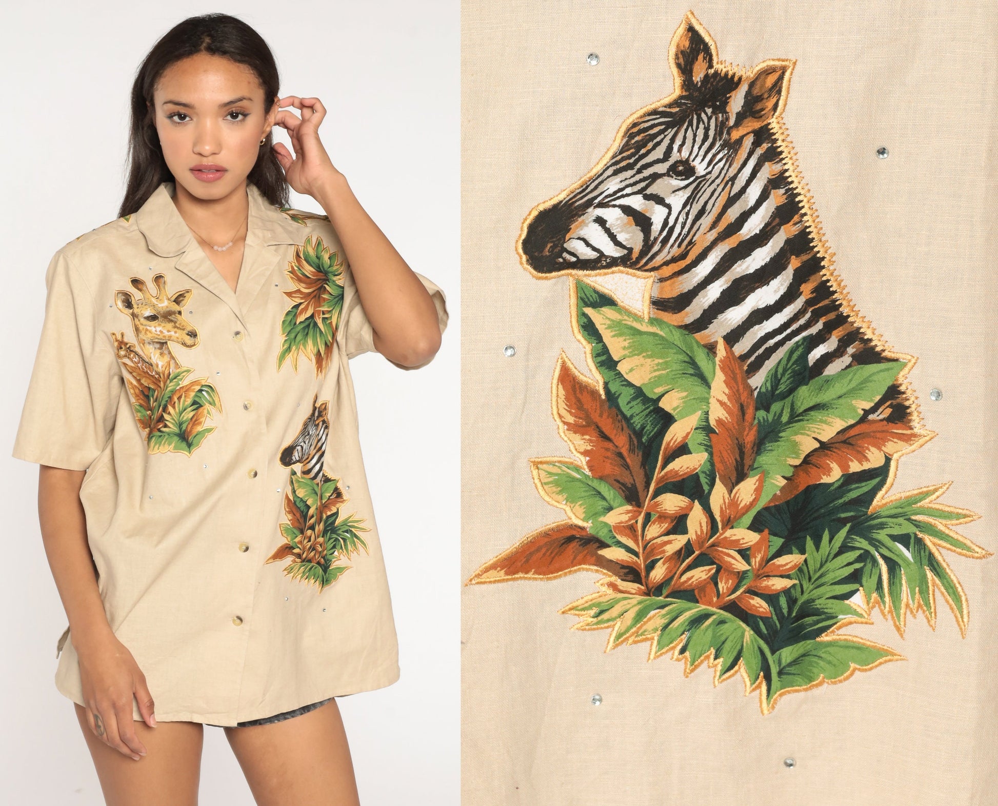 00s Cracker Factory Safari Animal Button Up Shirt Zebra Giraffe Tan Large L