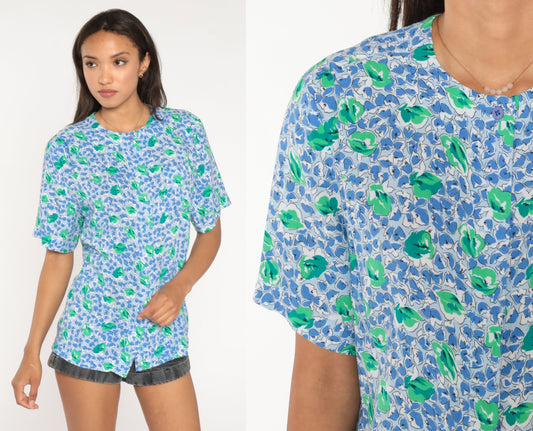 80s Blue Green Floral Button-Up Blouse Short Sleeve Hidden Placket Medium Large