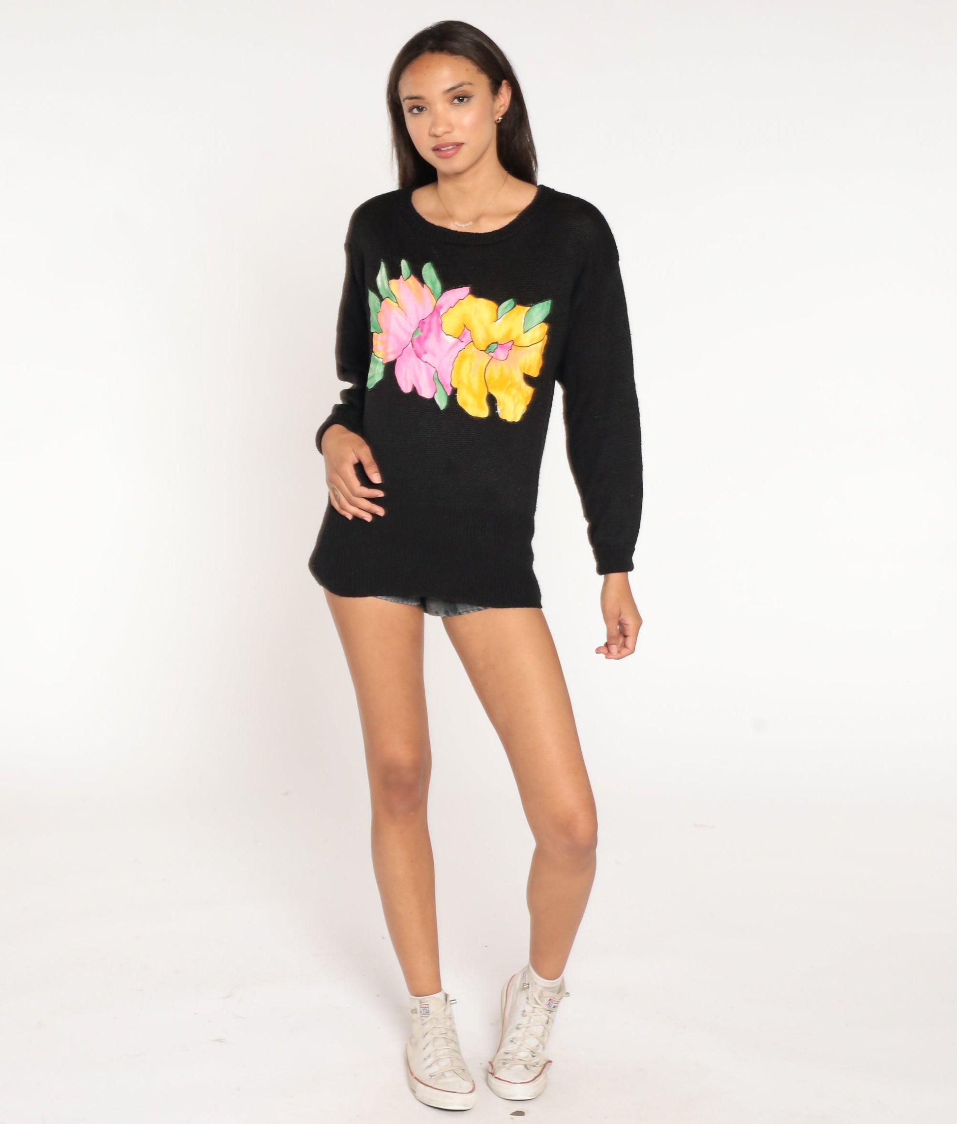 80s Black Floral Knit Sweater Pullover Tropical Graphic Medium
