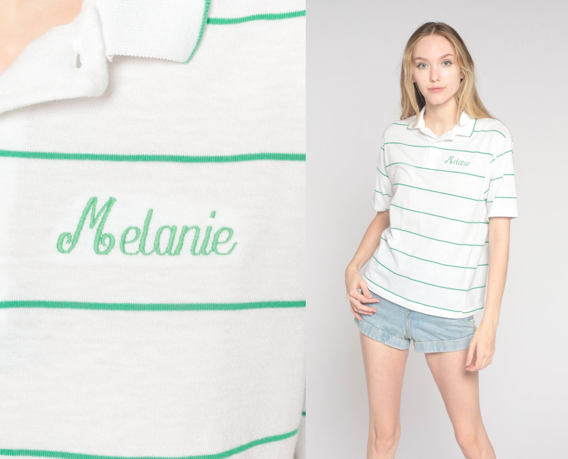 90s Melanie Embroidered Polo Shirt Striped White Green Medium M