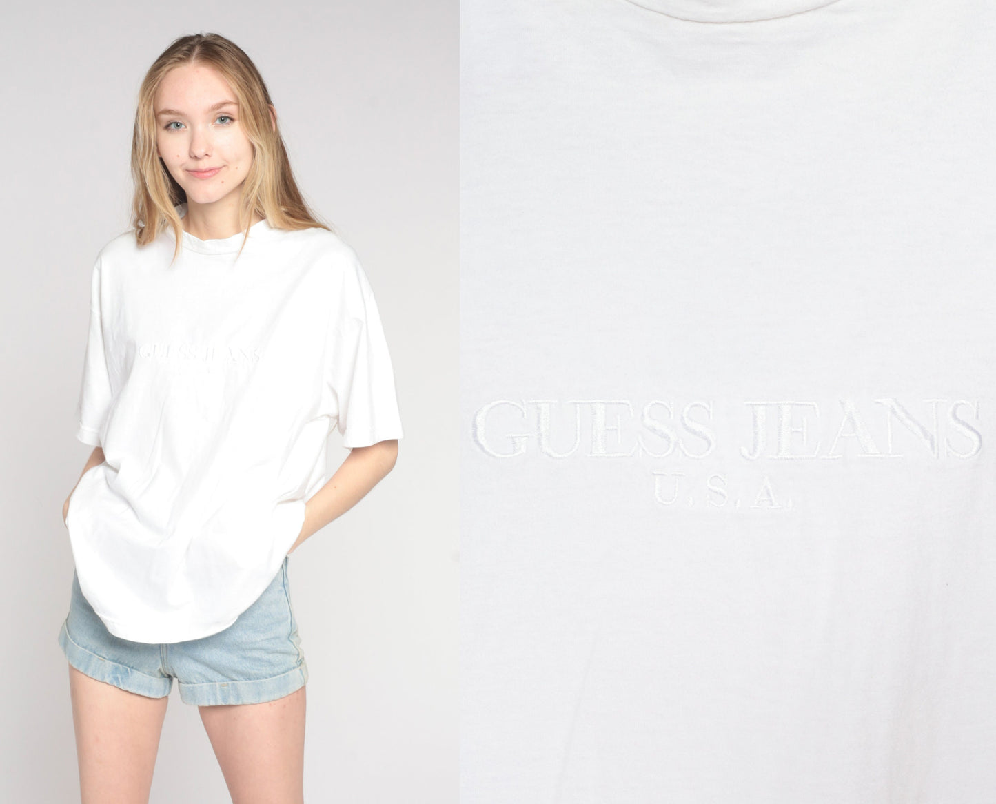 00s Guess Jeans Embroidered Logo T-Shirt White Cotton Medium M
