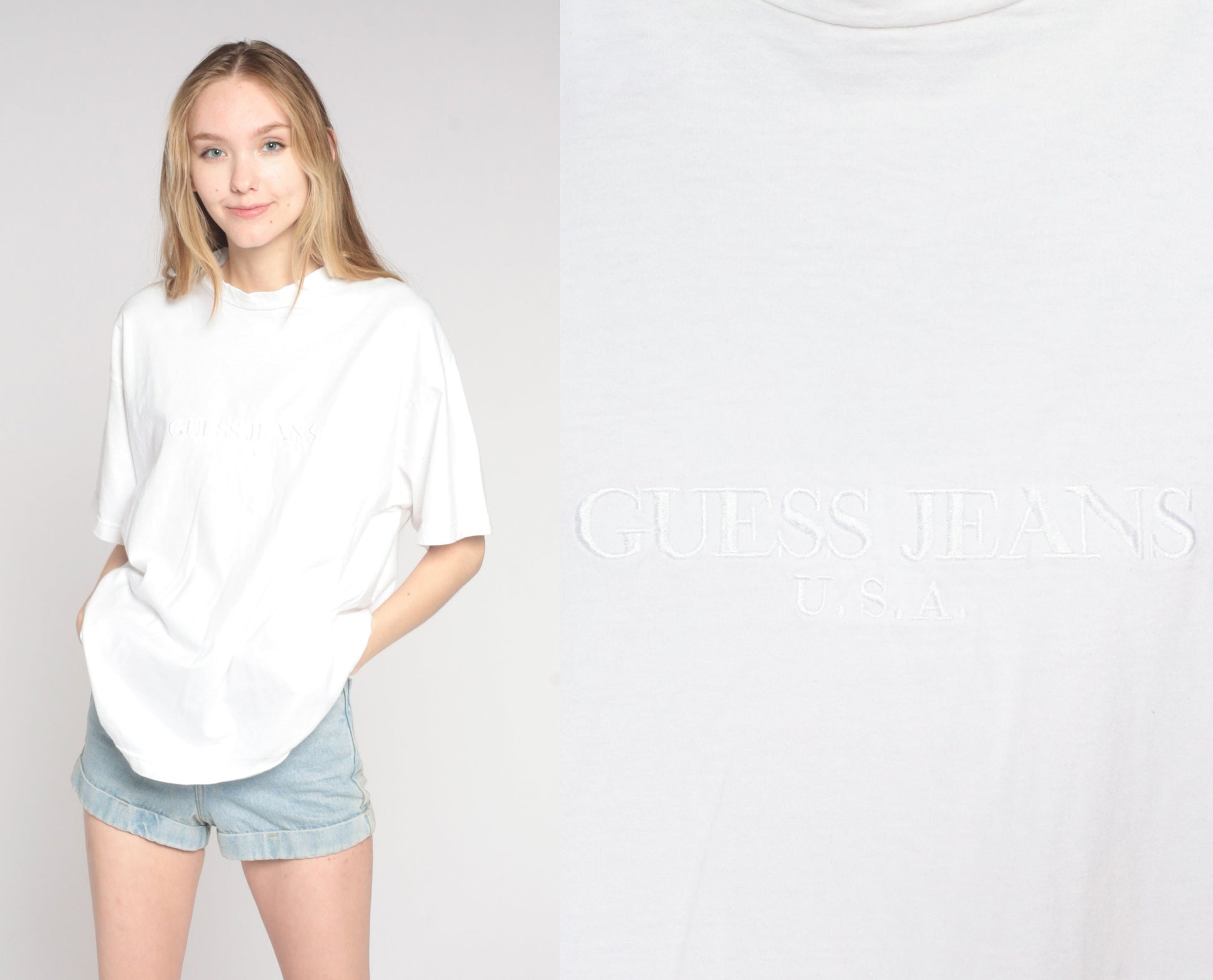 00s Guess Jeans Embroidered Logo T-Shirt White Cotton Medium M