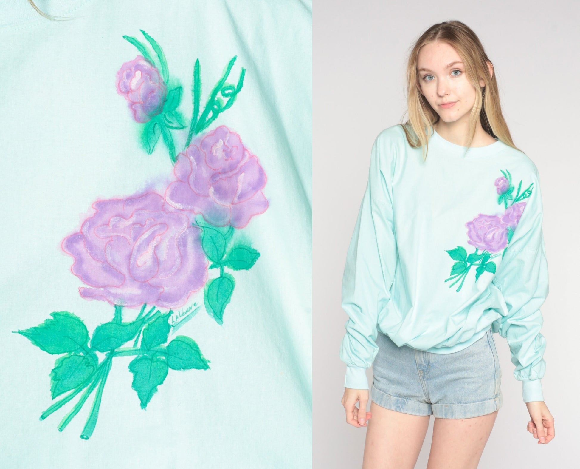 80s Airbrushed Rose Sweatshirt Mint Blue Floral Crewneck Extra Large XXL