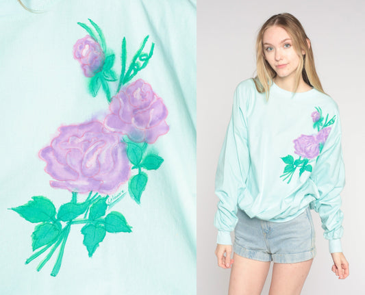 80s Airbrushed Rose Sweatshirt Mint Blue Floral Crewneck Extra Large XXL