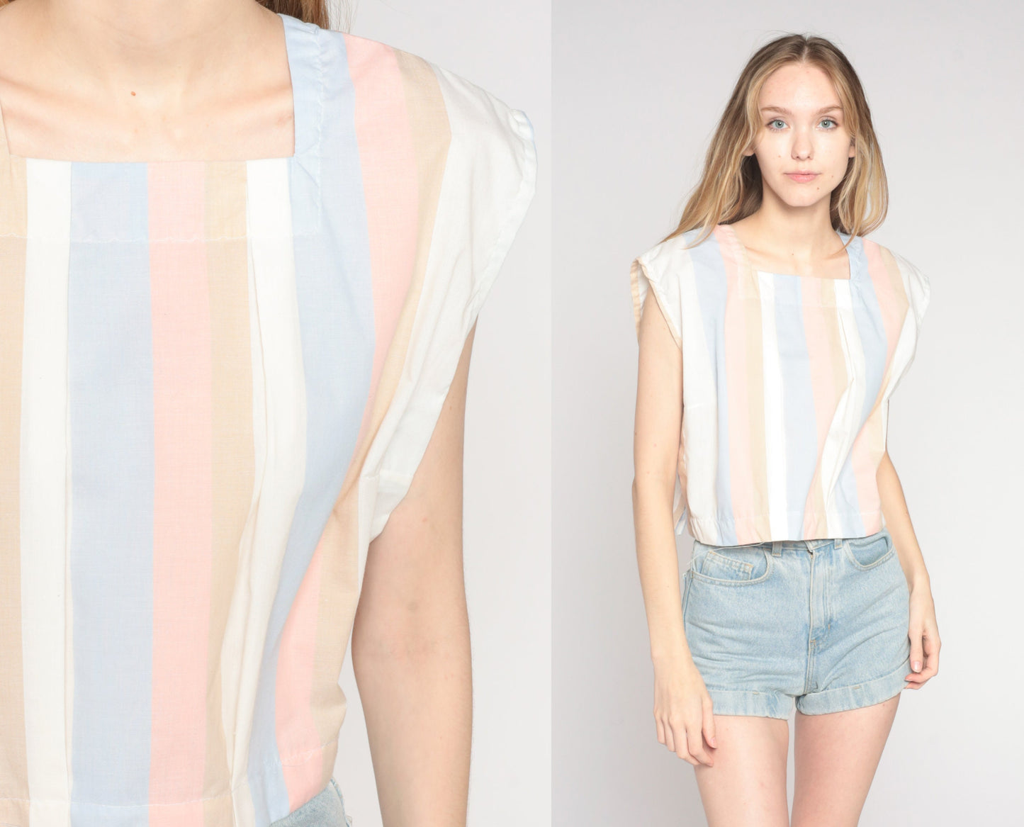 80s Striped Cap Sleeve Tank Top Pastel Blue Pink White Large L