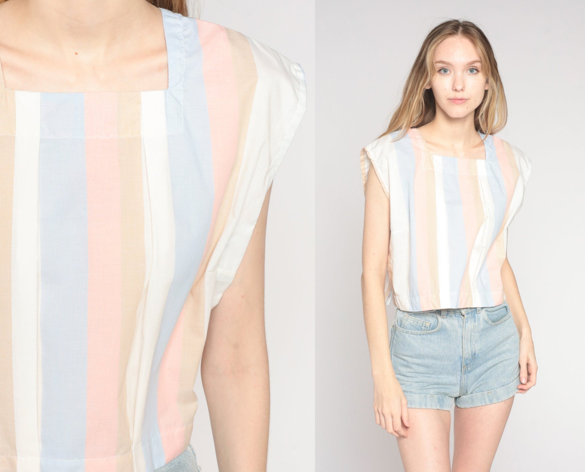 80s Striped Cap Sleeve Tank Top Pastel Blue Pink White Large L