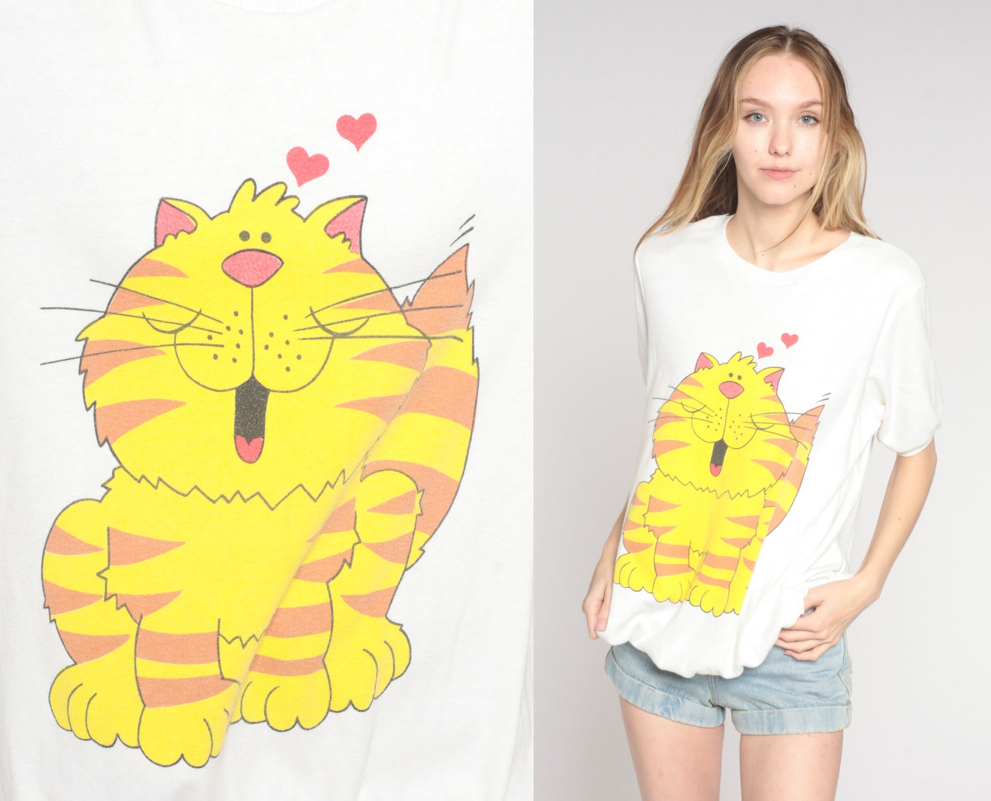 80s Cartoon Cat Heart Graphic T-Shirt White Banded Hem Large L