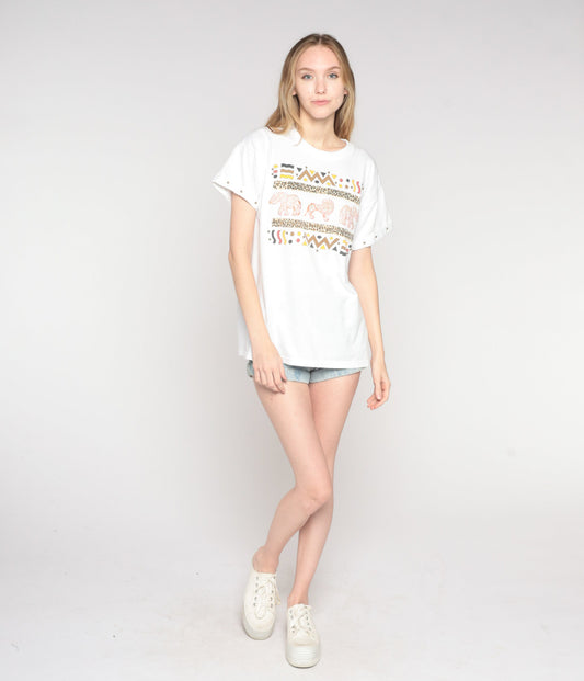 Y2K Safari Animal Studded Graphic T-Shirt White Embroidered Elephant Lion Medium Large