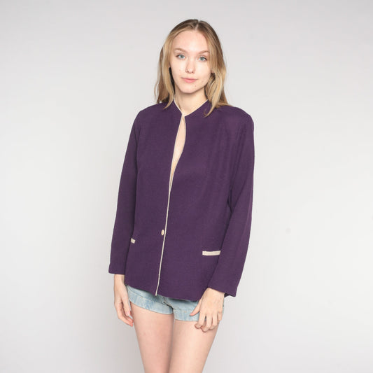70s Purple Woven Blazer Button Up Jacket Tailored Large L