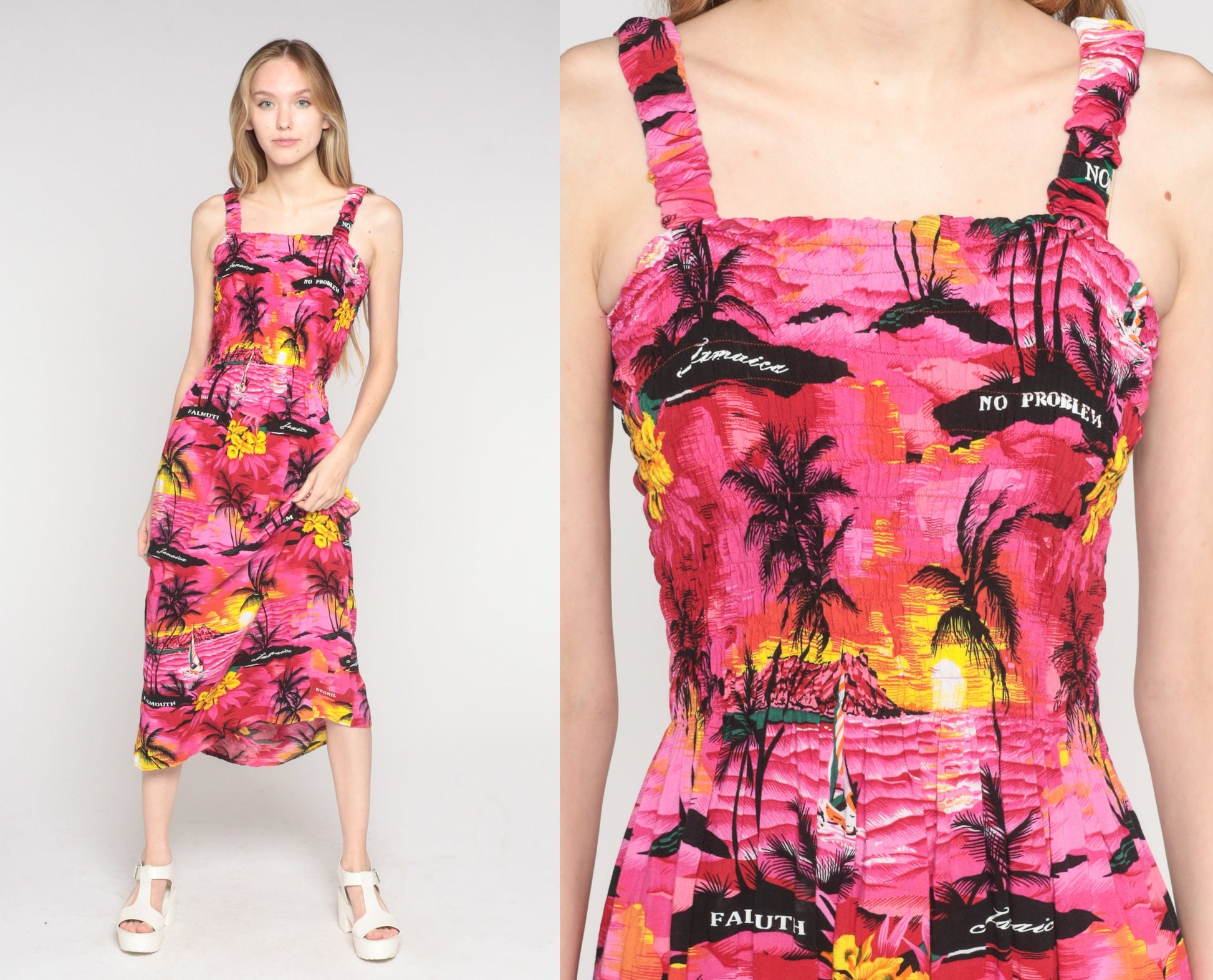 Y2K Pink Hawaiian Sunset Midi Dress Smocked Sleeveless Small Medium