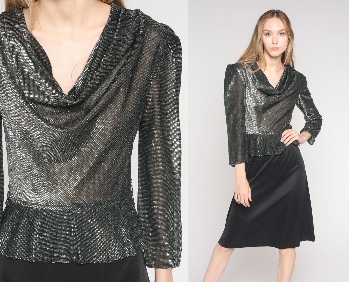 80s Silver Metallic Peplum Midi Dress Cowl Neck Puff Sleeve Small