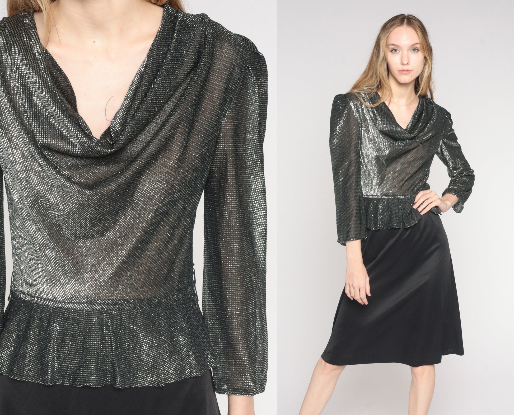 80s Silver Metallic Peplum Midi Dress Cowl Neck Puff Sleeve Small