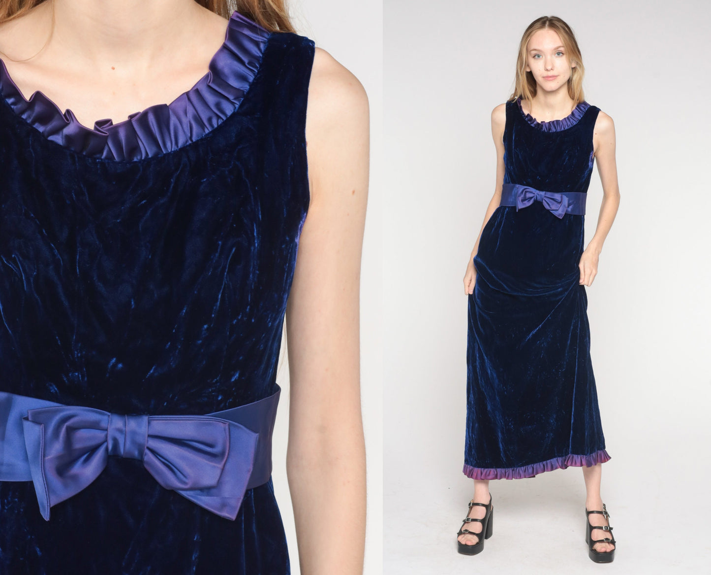 70s Indigo Velvet Maxi Dress Empire Waist Bow Ruffled Neckline Small S