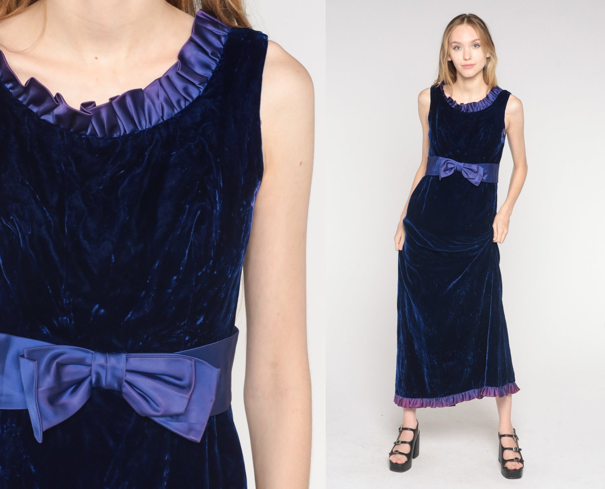 70s Indigo Velvet Maxi Dress Empire Waist Bow Ruffled Neckline Small S