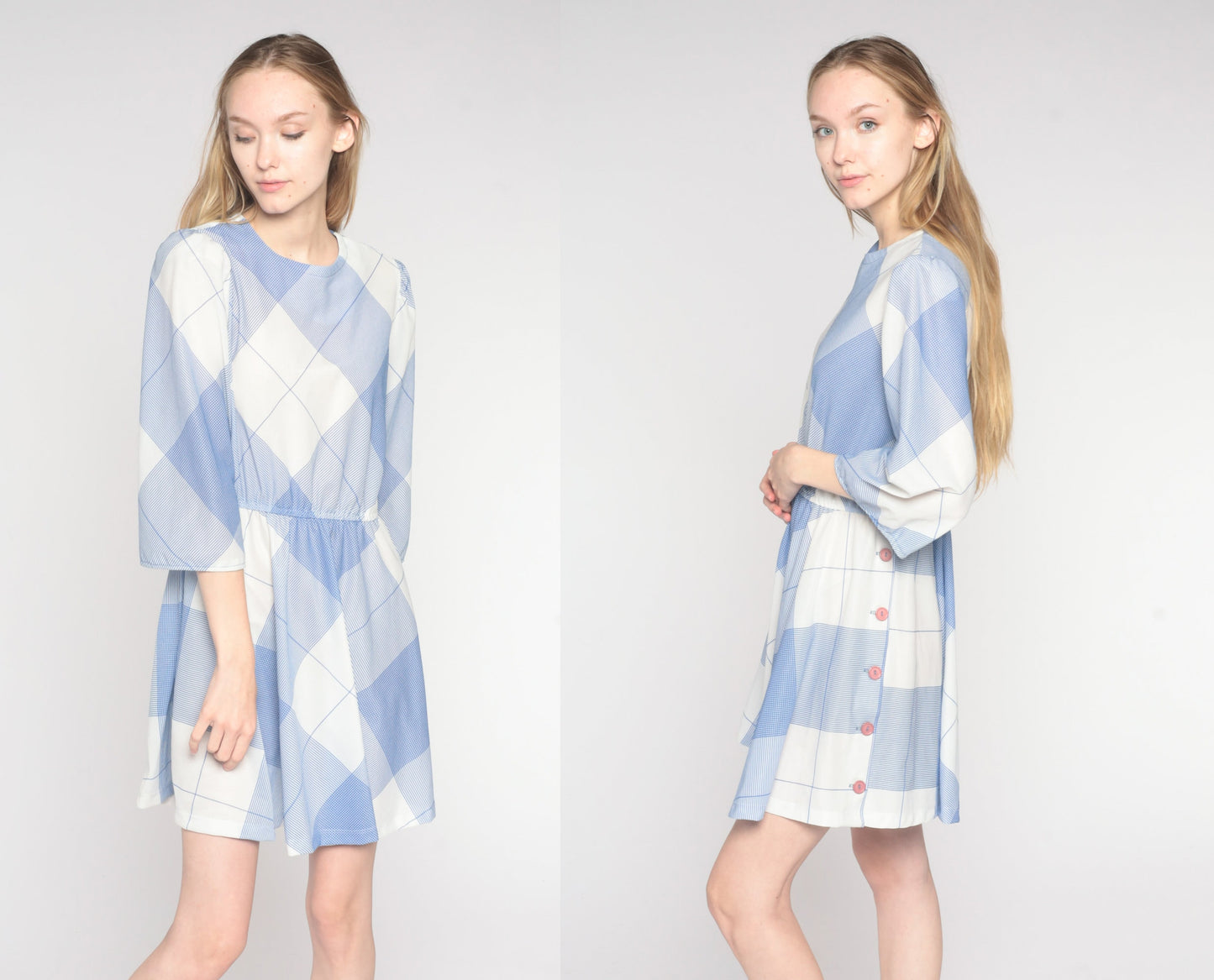 70s Blue White Checkered Mini Dress Puff Sleeve A-Line High Waist Medium Large