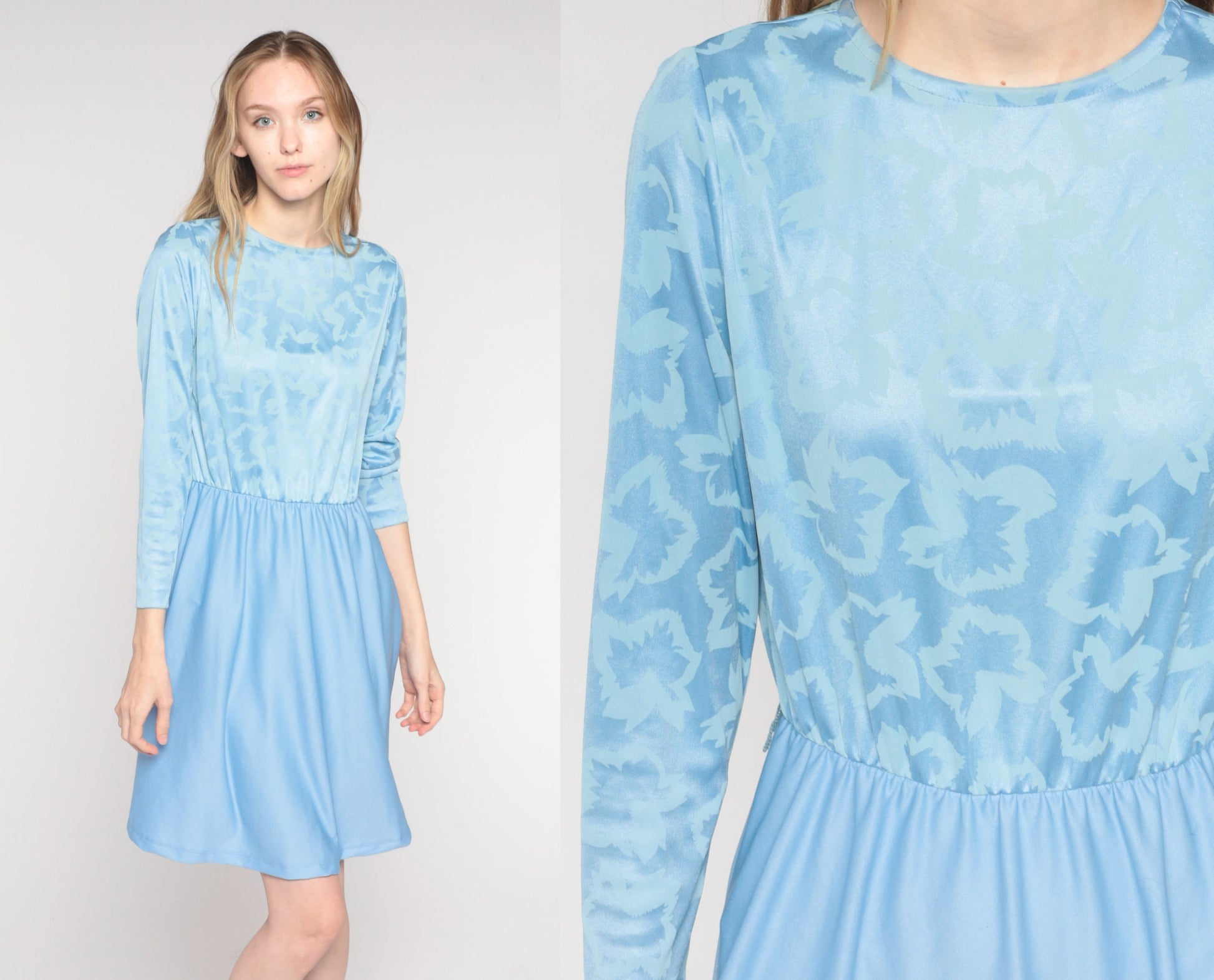 70s Blue Mini Dress Embossed Leaf Print High Waist Long Sleeve Small S