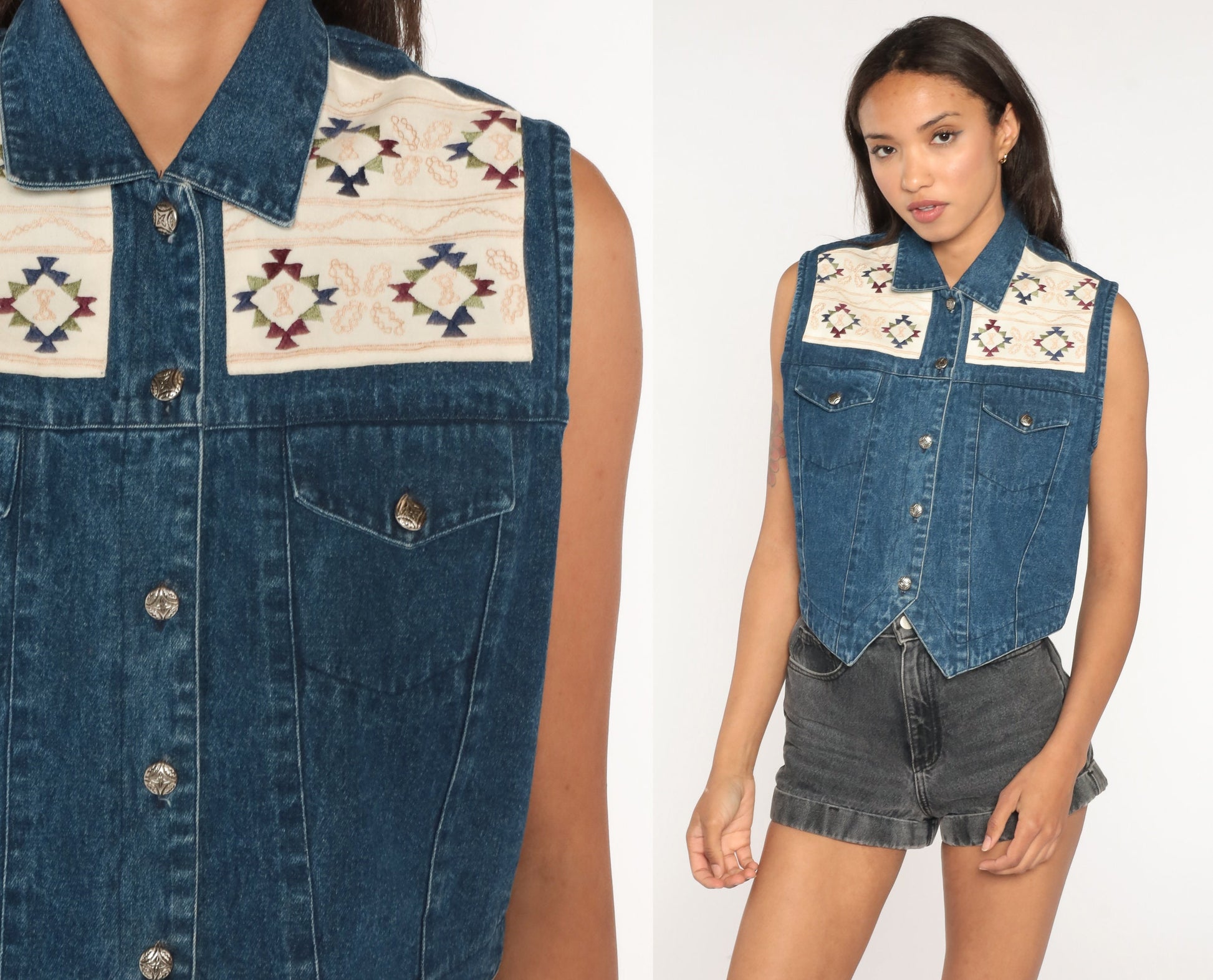 90s Southwestern Denim Vest Embroidered Blue Cotton Button Up Medium