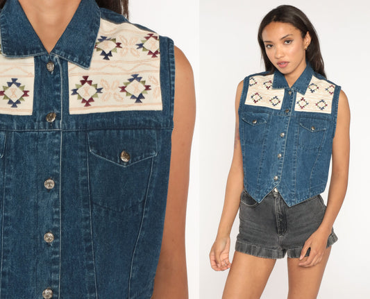 90s Southwestern Denim Vest Embroidered Blue Cotton Button Up Medium