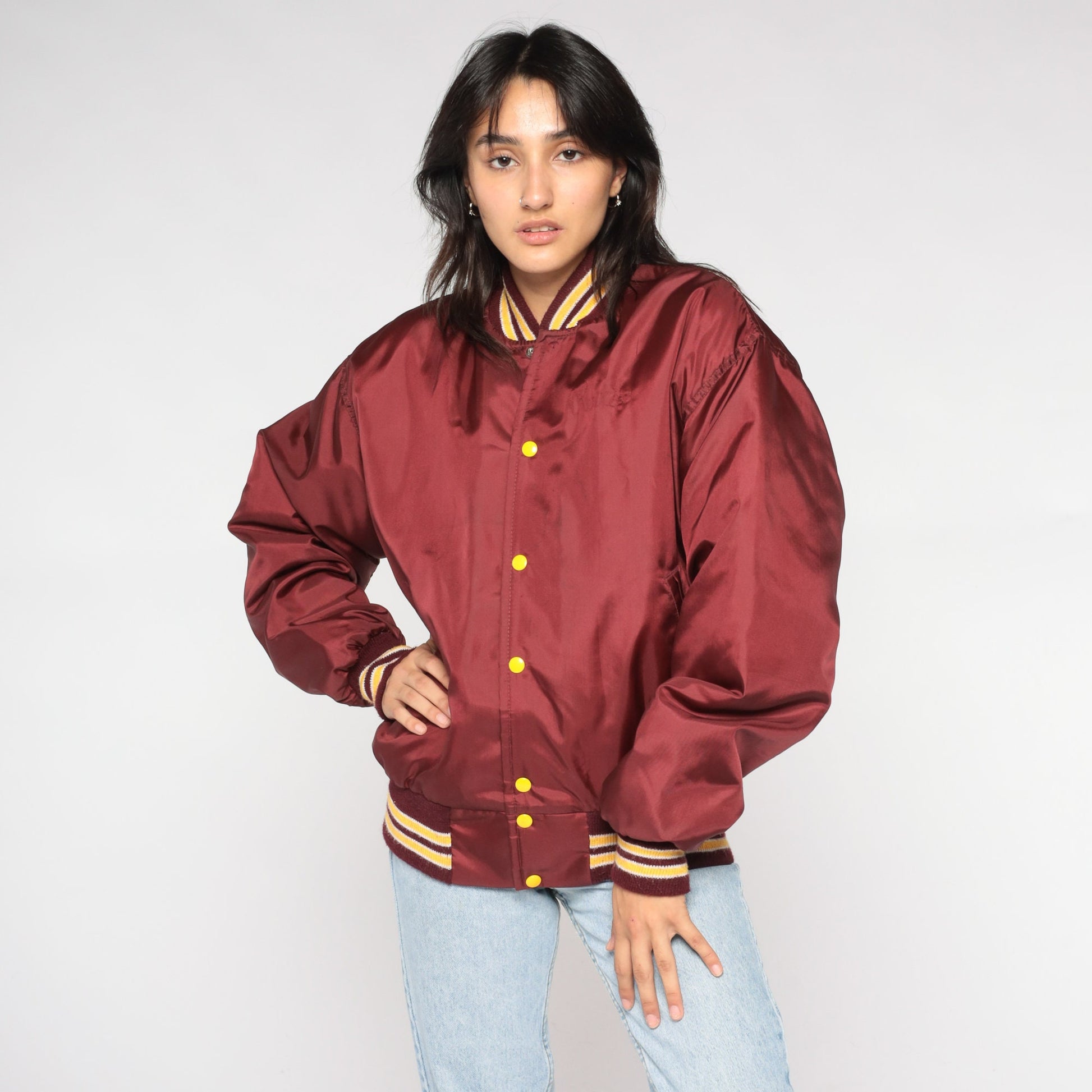 80s Schmidt's Dist Co Winoma Bomber Jacket Burgundy Snap Baseball Coat Medium