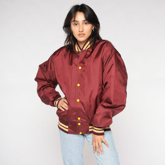 80s Schmidt's Dist Co Winoma Bomber Jacket Burgundy Snap Baseball Coat Medium