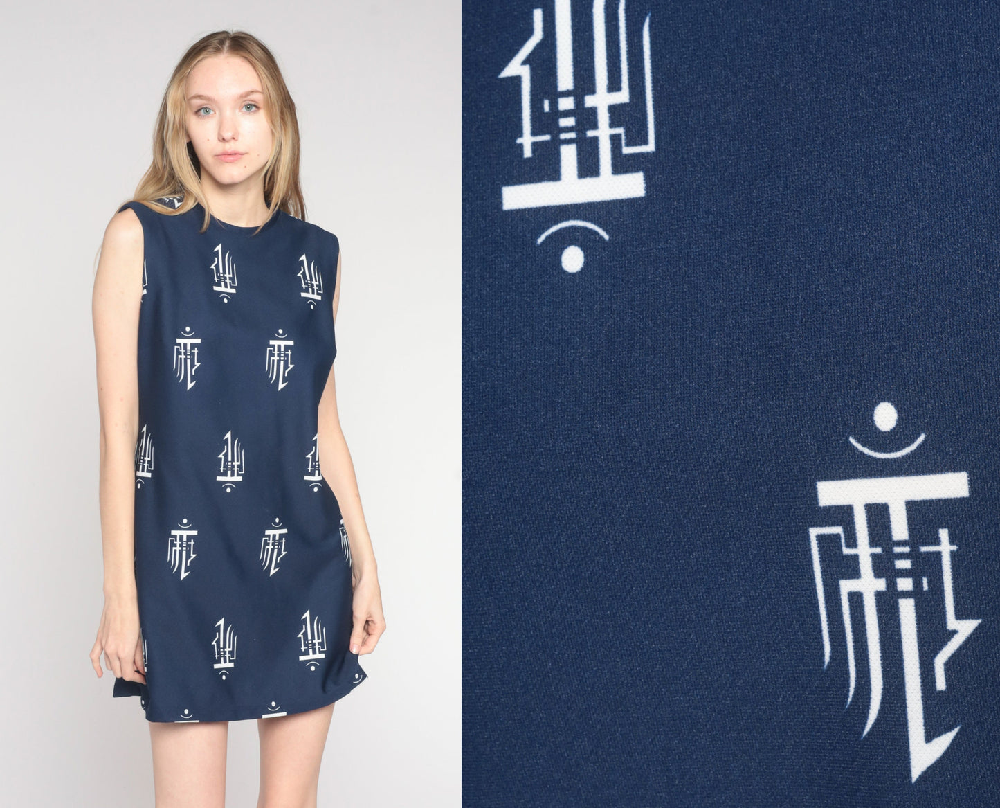 70s Navy Shift Dress Abstract Stamp Print Sleeveless Mini Medium M