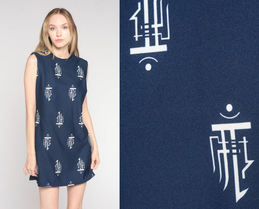 70s Navy Shift Dress Abstract Stamp Print Sleeveless Mini Medium M