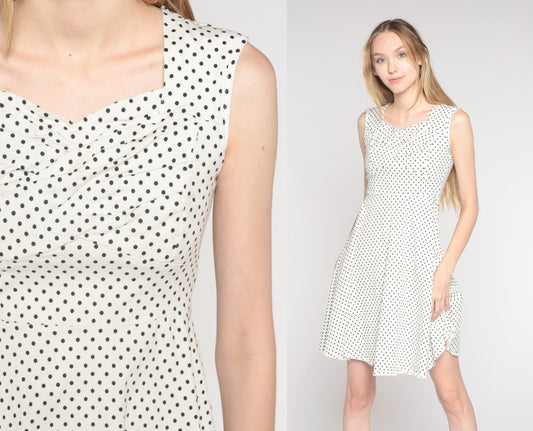 Y2K Polka Dot Mini Dress White Black Sweetheart Neckline Fit Flare Small S