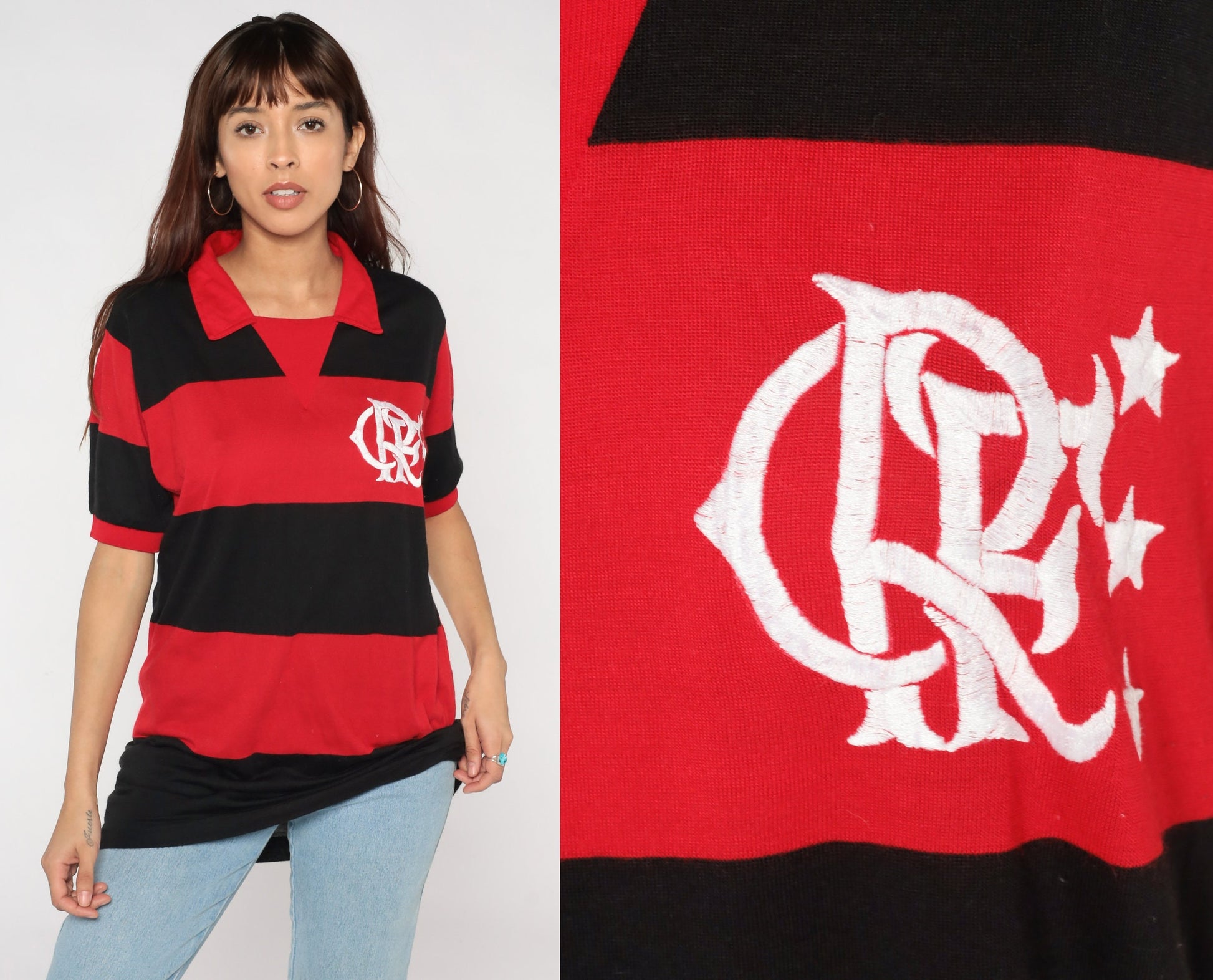 80s Clube de Regatas do Flamengo Polo Shirt Red Black Striped Medium M