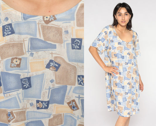 90s Checkered Floral Mini Dress Blue Tan Shift Short Sleeve Extra Large XXL