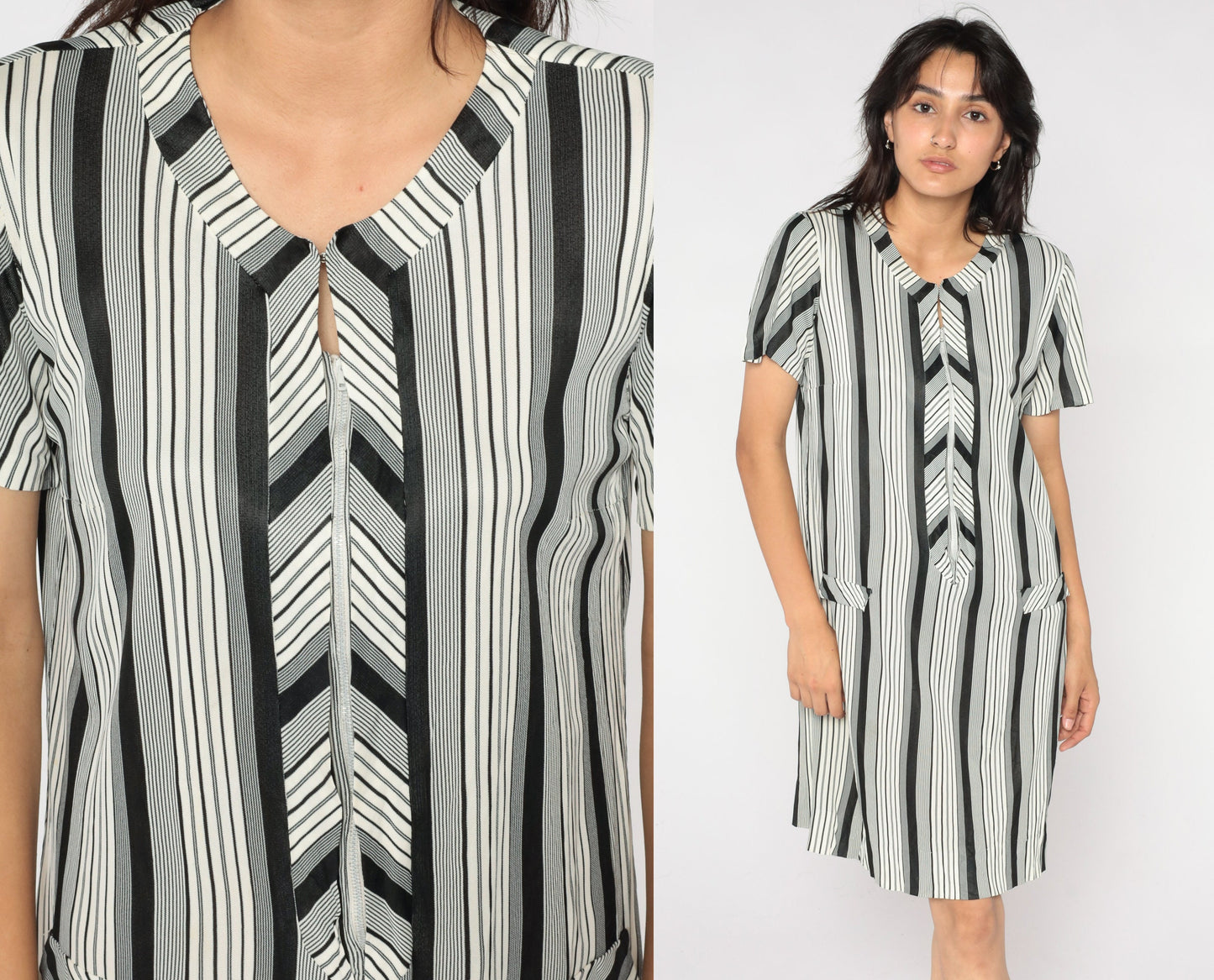 70s Black White Striped Shift Minidress Mod Chevron Short Sleeve Zip Medium M