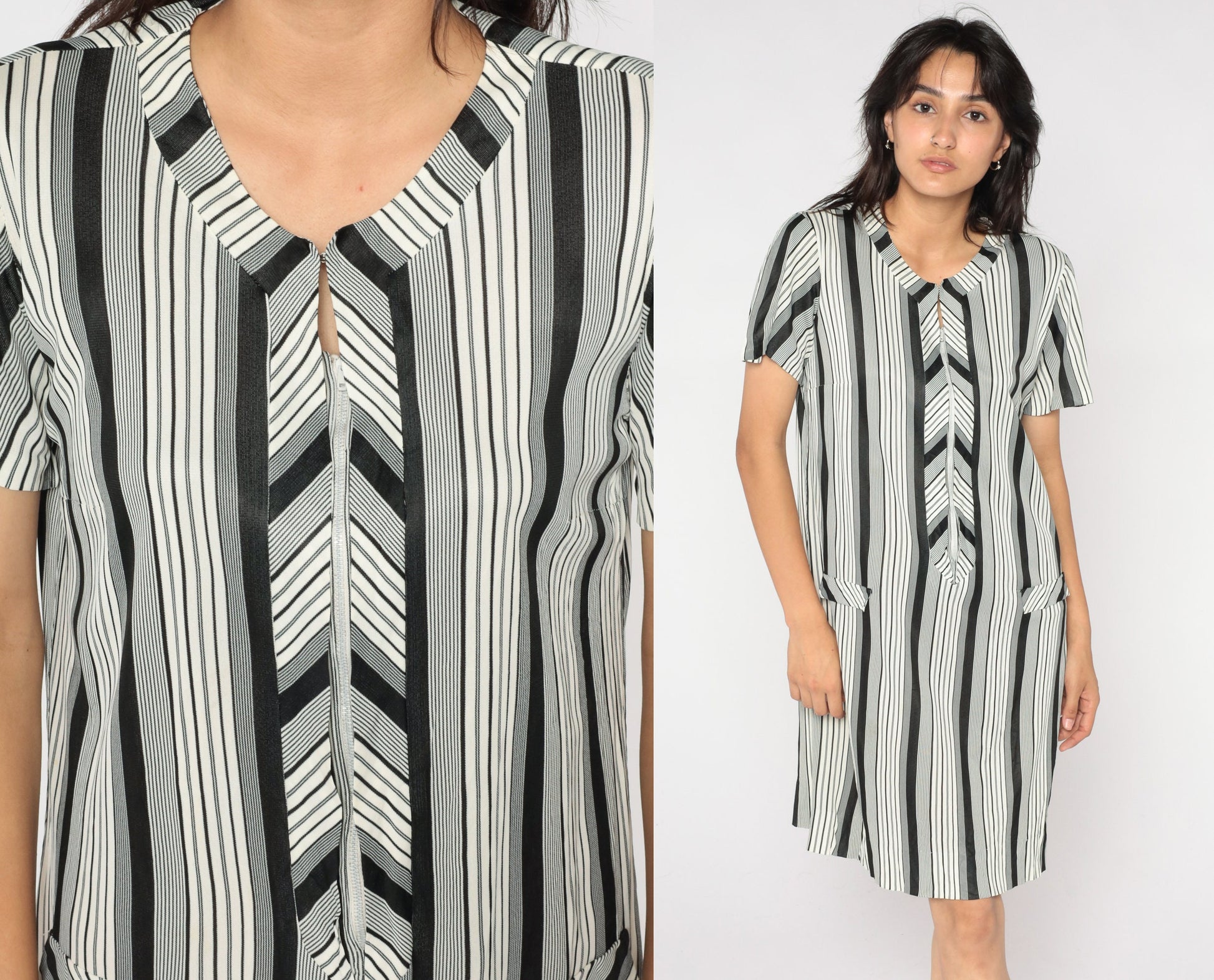 70s Black White Striped Shift Minidress Mod Chevron Short Sleeve Zip Medium M