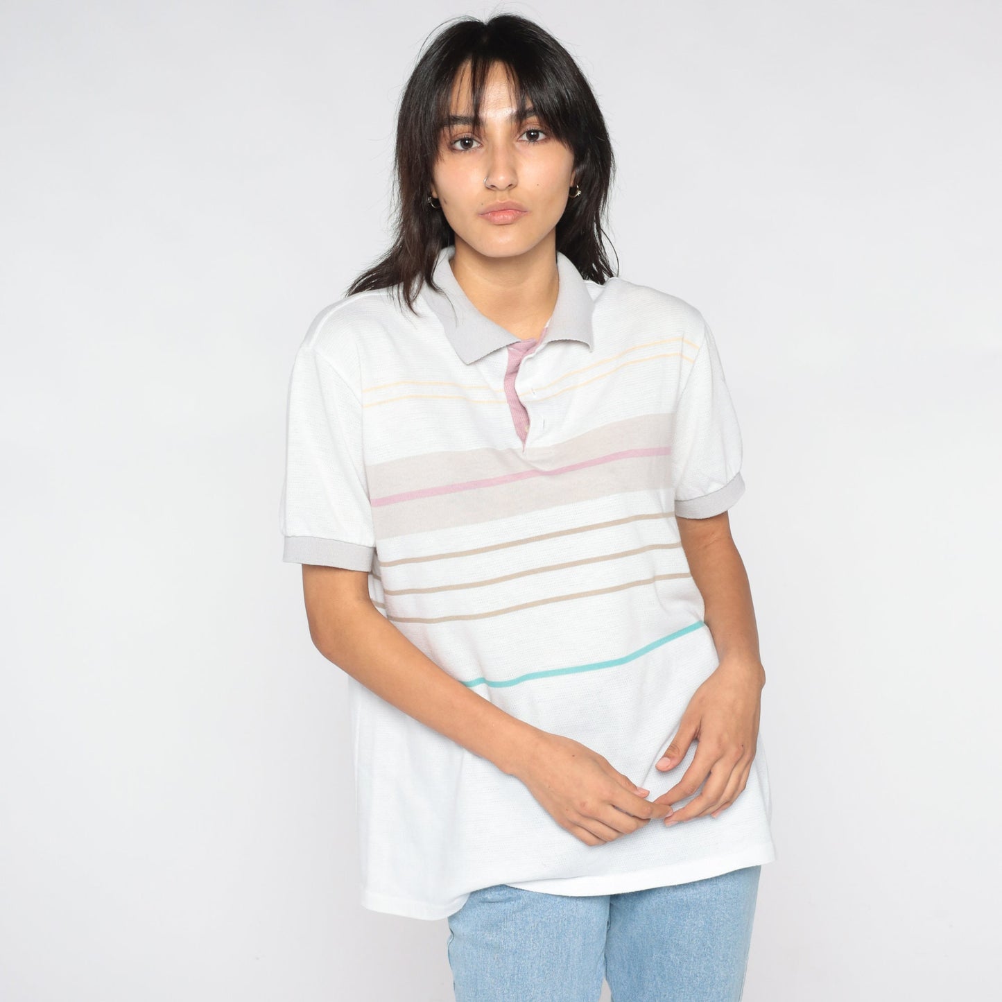 80s Striped Polo Shirt White Multicolor Collared Short Sleeve Medium Large
